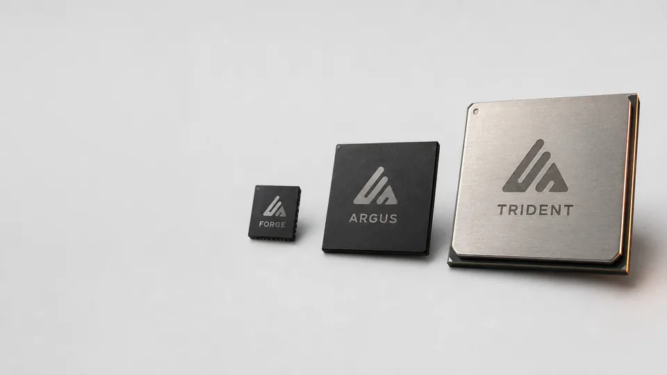 燔石第一代端侧推理芯片:逐火 Forge、千目 Argus、镇岳 Trident 并排放在浅灰台面上