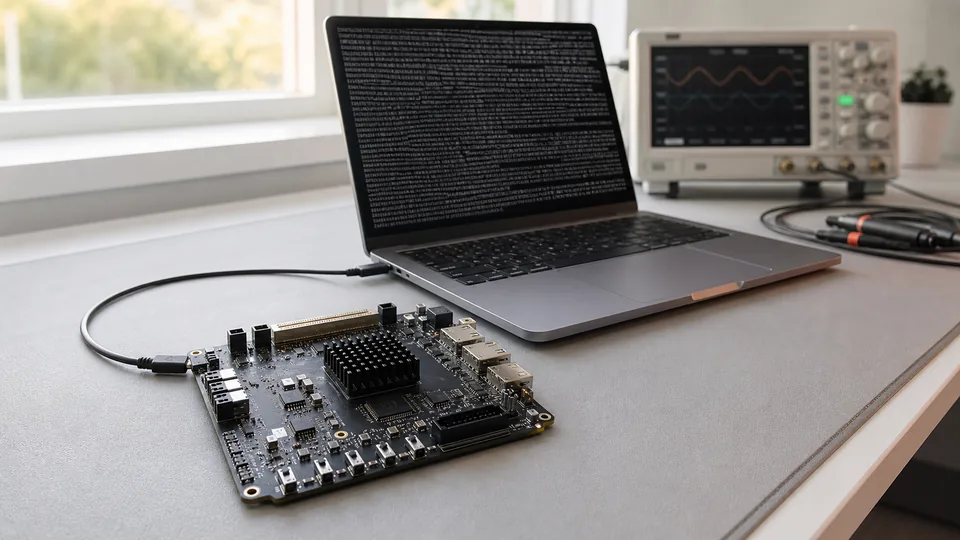 实验台上的 FPGA 评估板连接到笔记本,终端里滚动着推理输出